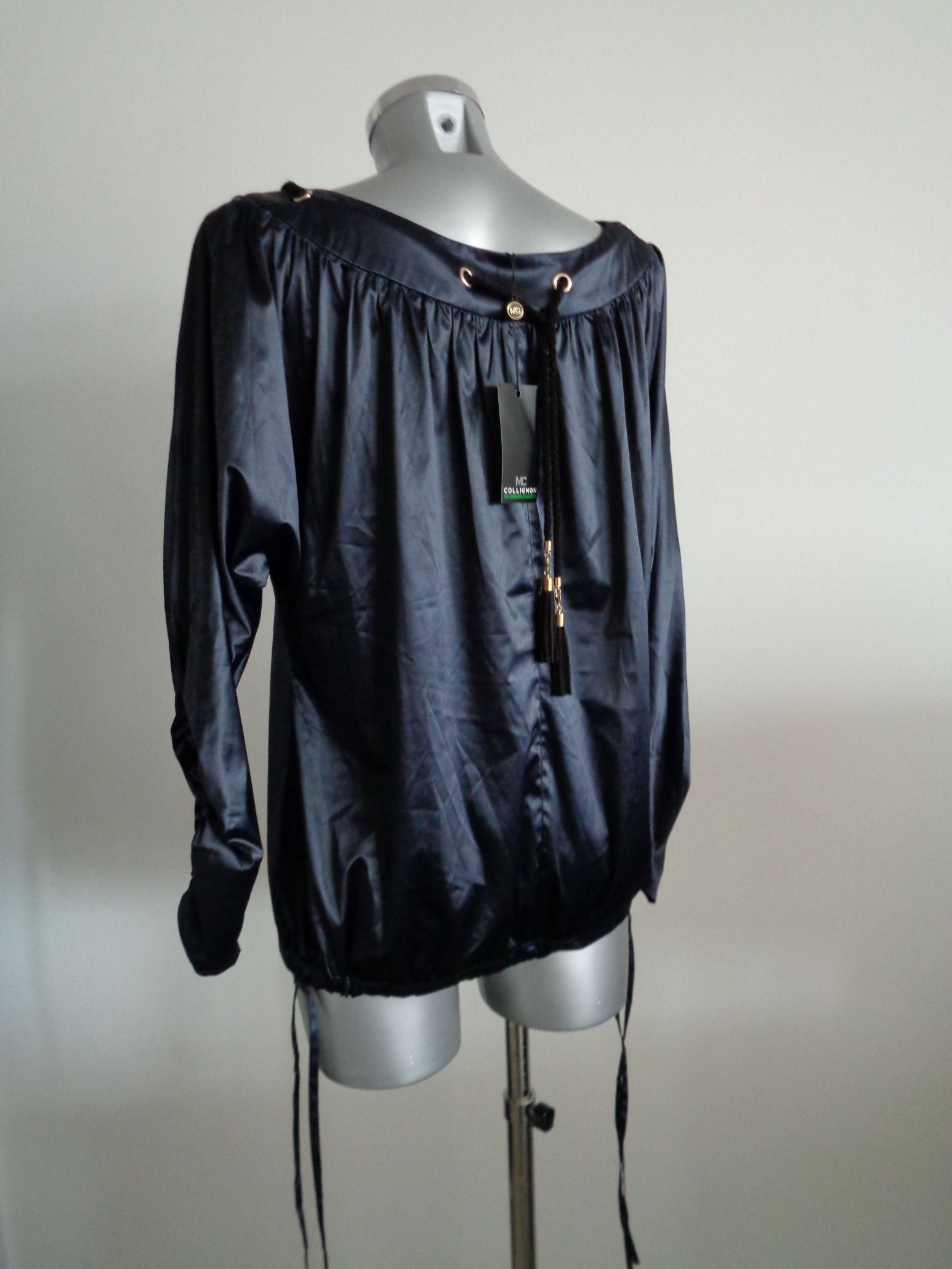 Monique Collignon designer blouse, satijn, donkerblauw, maat 36, Nieuw